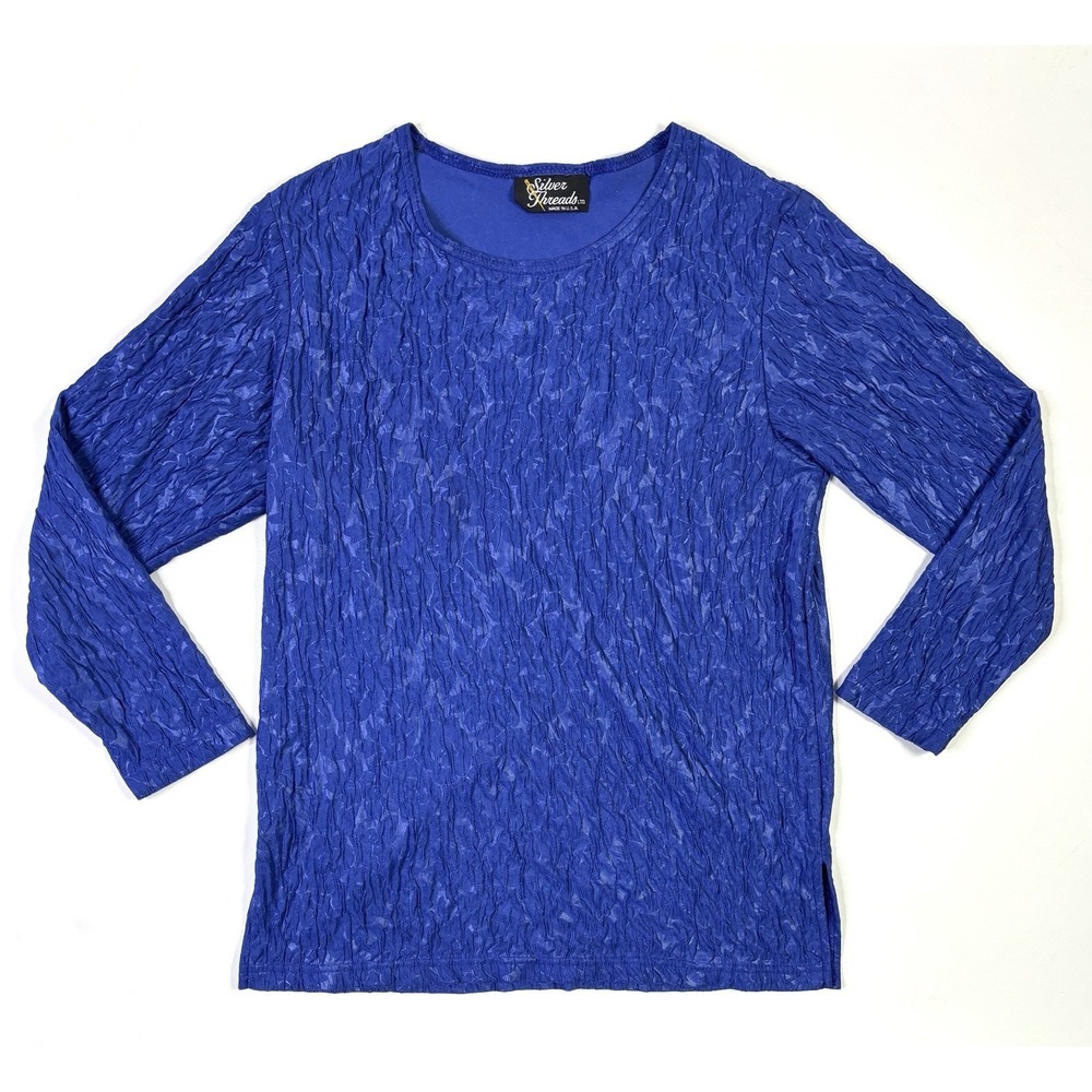 Silver Threads Top Womens Large Blue Crinkle Textured Stretch USA Made